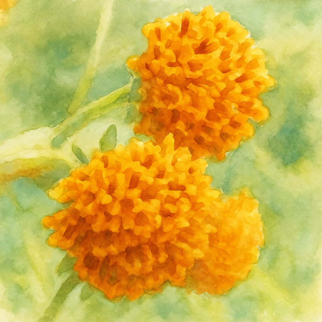 コセンダングサの複数花序が同時に咲いた状態を描いた水彩画風イラスト。橙黄色の筒状花が密集し立体的に表現された作品