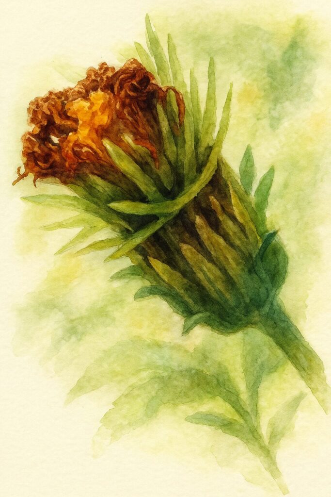 コセンダングサが花後に枯れ始めた状態を描いた水彩画風イラスト。褐色化した筒状花と緑色の総包片が残る種子形成直前の質感を柔らかく表現した作品