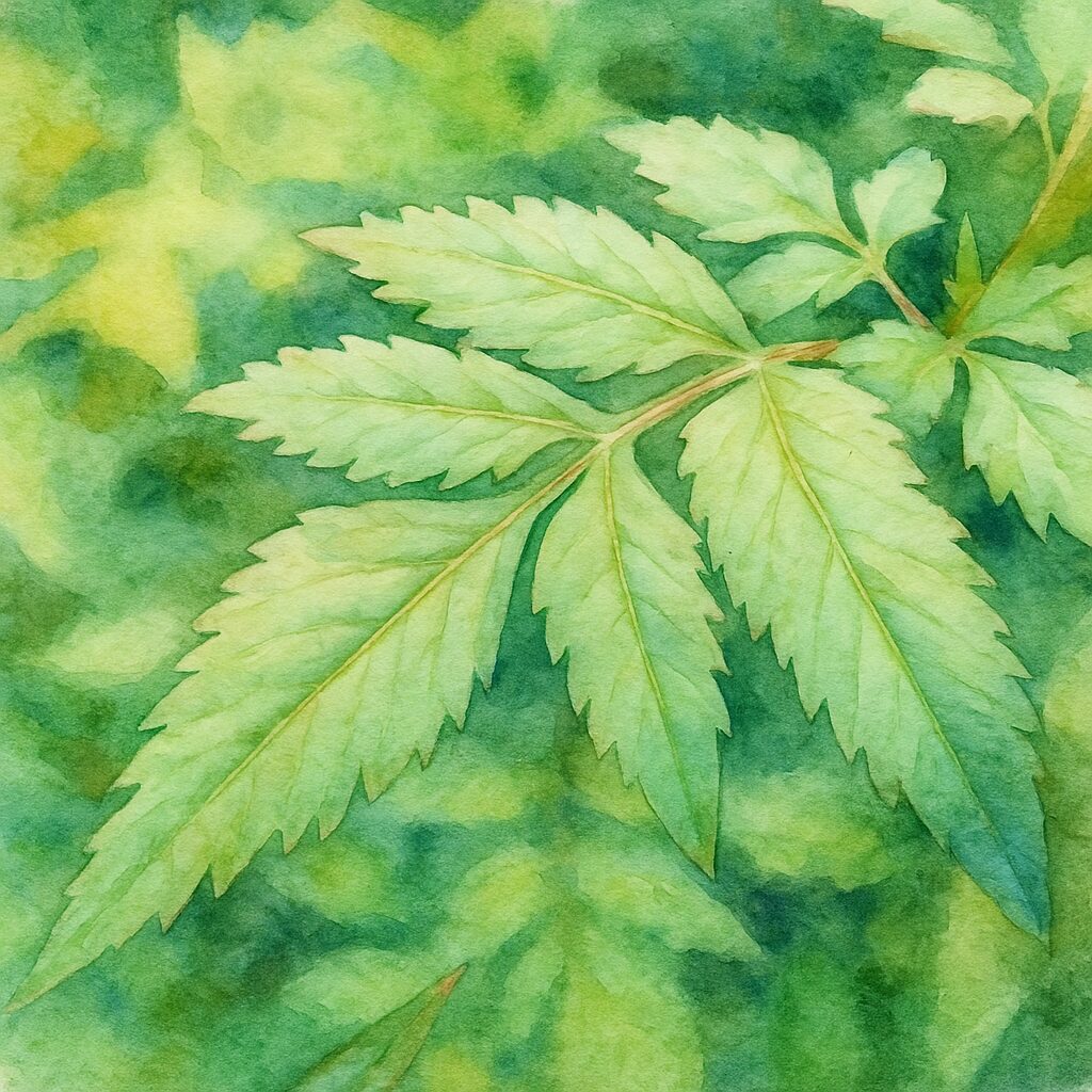 コセンダングサの羽状複葉の葉を描いた水彩画風イラスト。鋸歯状の縁と柔らかな緑色の階調をやさしいタッチで表現した作品