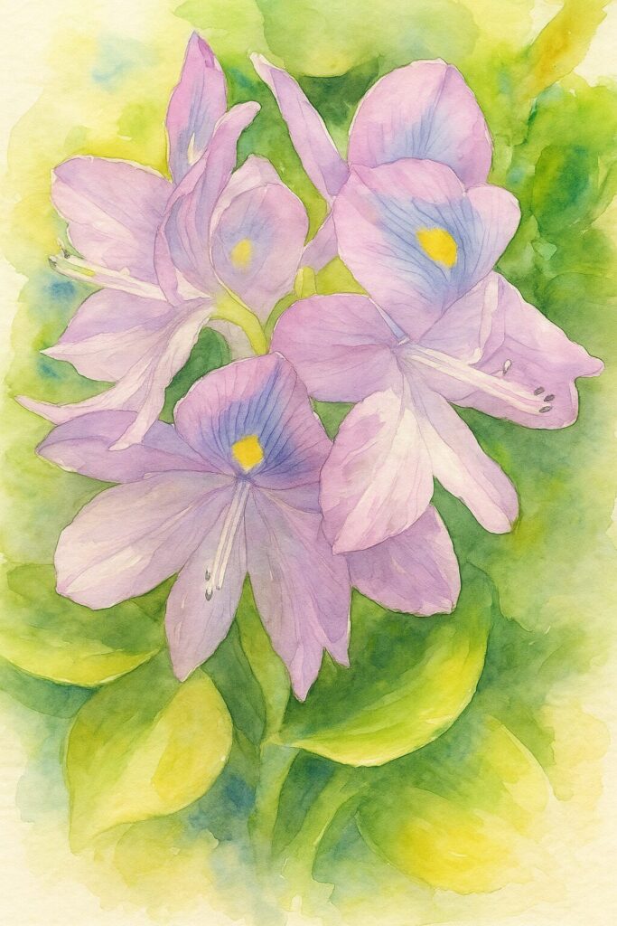 ホテイアオイの淡い紫色の花を水彩画風に描いたイラスト｜青紫の模様と黄色スポットがアクセント｜植物アート