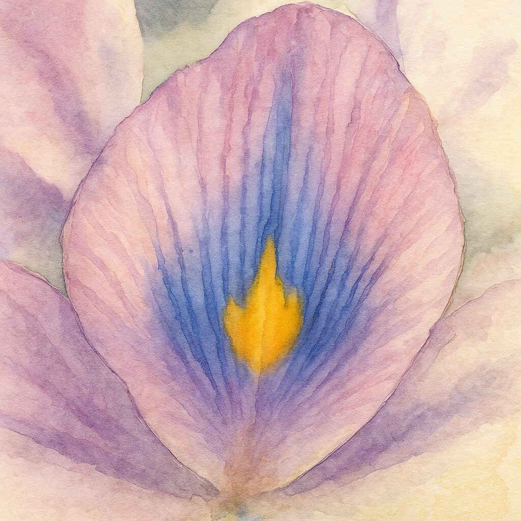 ホテイアオイの花弁を水彩画風に描いたイラスト｜紫と青の繊細な筋模様と中央の黄色スポットが印象的