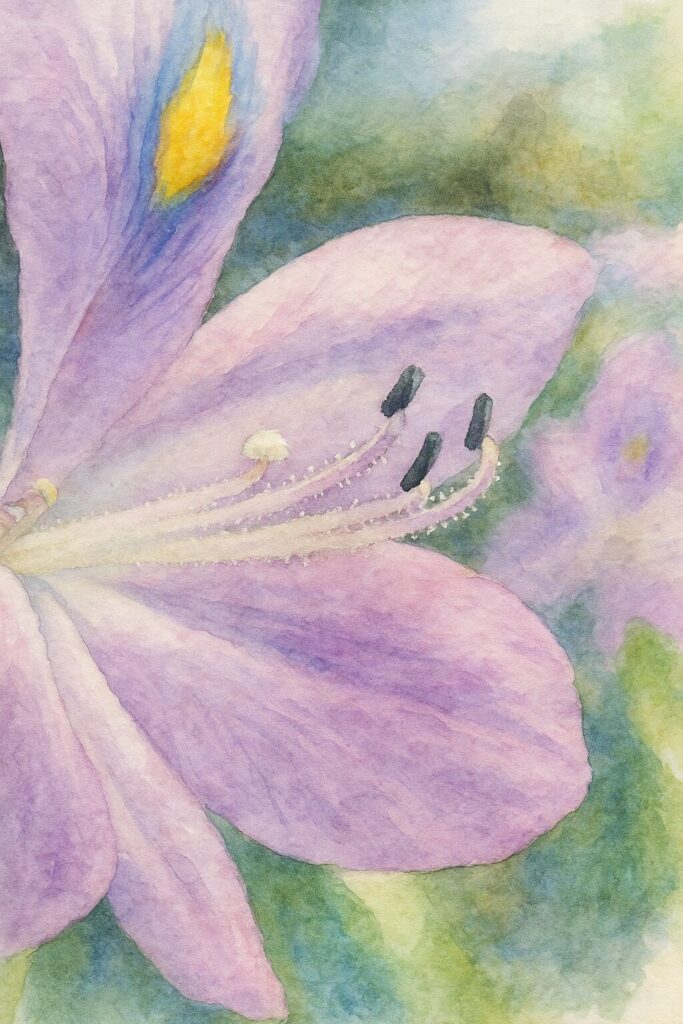 ホテイアオイの雄しべ部分を水彩画風に描いたイラスト｜紫の花弁と黄色スポットが柔らかく表現された植物アート