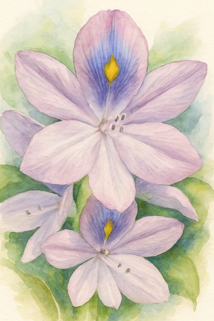 ホテイアオイの花を正面構図で描いた水彩画風イラスト｜紫の花弁と黄色スポットが柔らかいタッチで表現された植物アート