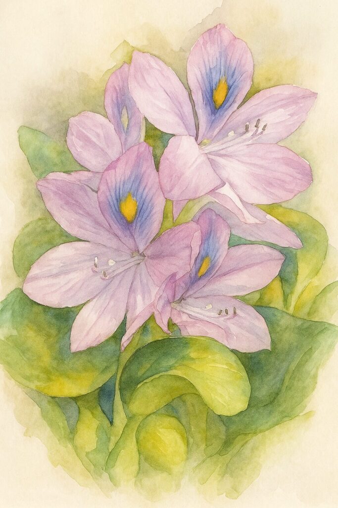 ホテイアオイの花が束になって咲く姿を描いた水彩画風イラスト｜紫の花弁と黄色スポットが柔らかく表現された植物アート