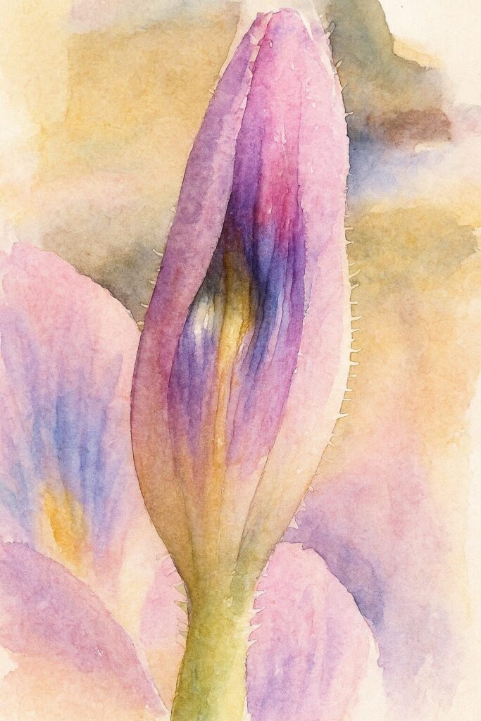 ホテイアオイの蕾を水彩画風に描いたイラスト｜紫と淡い桃色の花弁の色変化と繊細な質感が柔らかく表現された植物アート