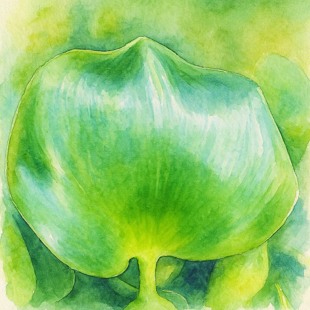 ホテイアオイの丸みのある緑の葉を水彩画風に描いたイラスト｜光沢感と葉の立体的な形が柔らかいタッチで表現された植物アート