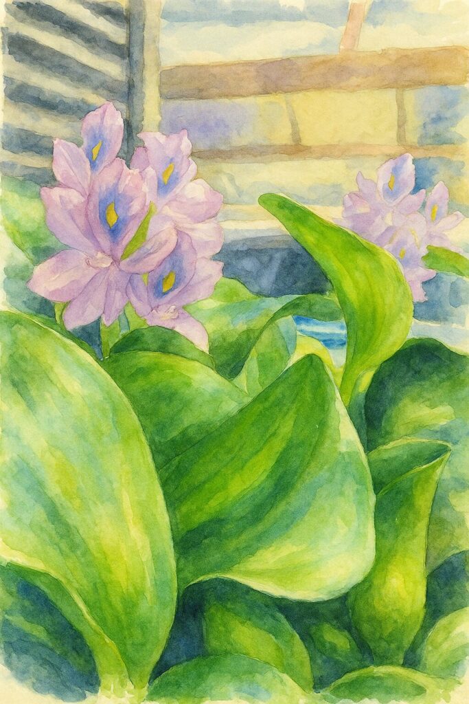 ホテイアオイの群生の葉と花を水彩画風で描いたイラスト｜紫の花と広がる緑の葉が柔らかいタッチで表現された植物アート