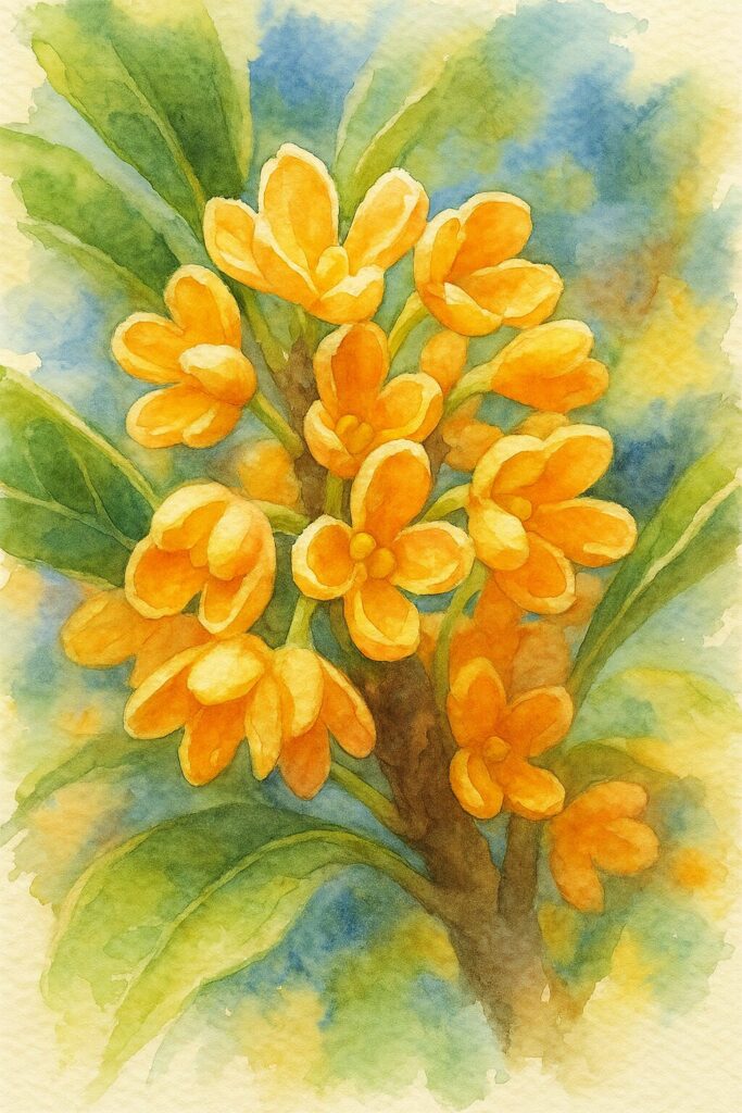 日本の秋のキンモクセイを水彩画風に描いたオレンジ色の小花のイラスト