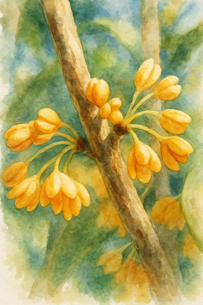 日本の秋のキンモクセイの橙色の蕾を枝元から描いた水彩画風イラスト