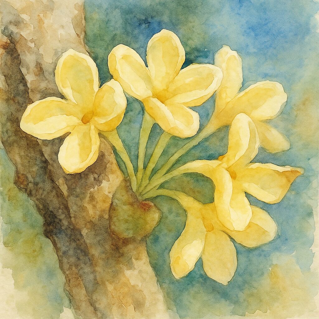 日本の秋のキンモクセイの蕾が花弁を開き始めた状態を極端に寄った構図で描いた水彩画風イラスト