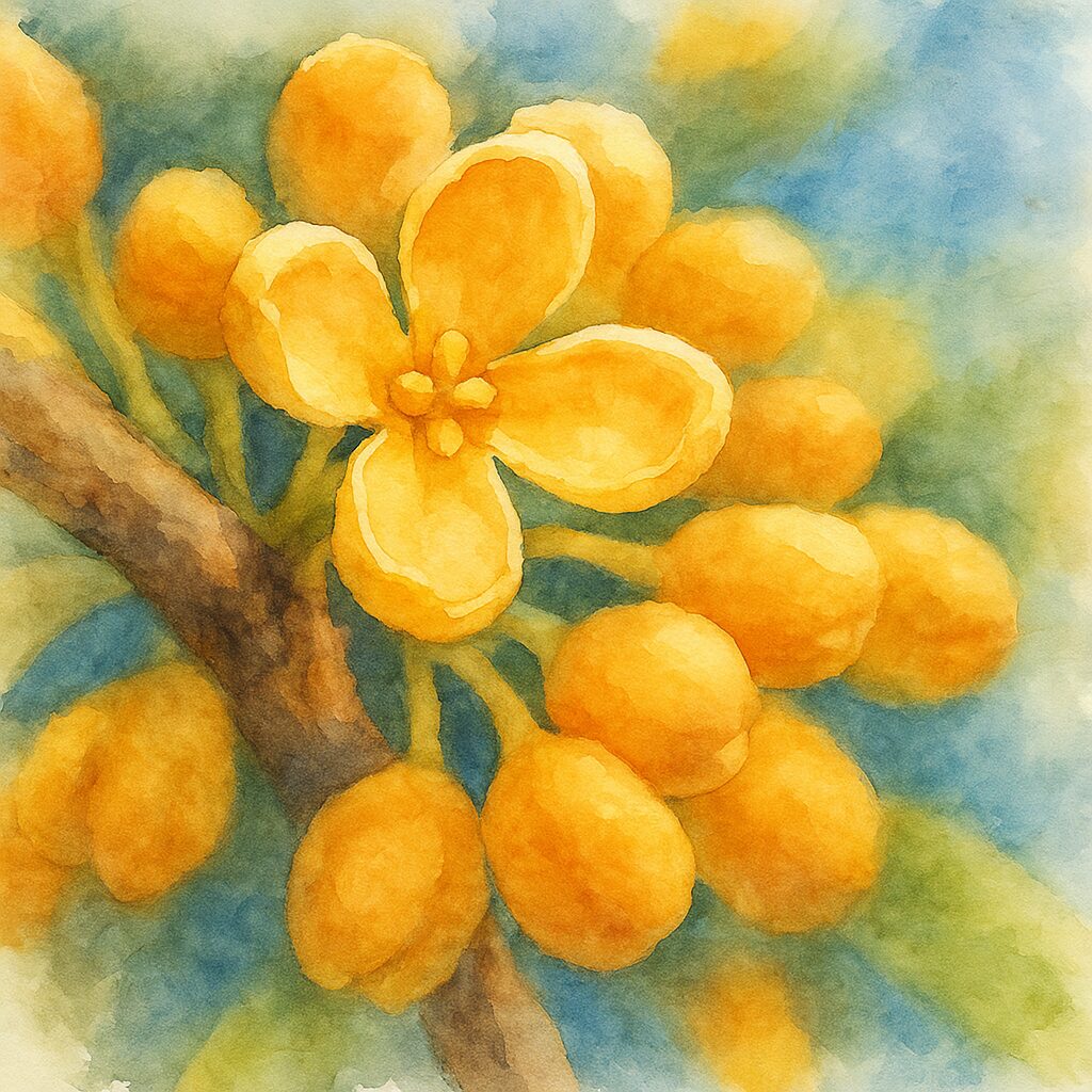 日本の秋のキンモクセイで蕾の中から一輪だけ花弁が先に開花した様子を描いた水彩画風のイラスト