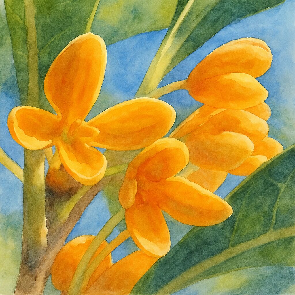 日本の秋のキンモクセイの橙色の花を青空背景で横向きに描いた水彩画風イラスト