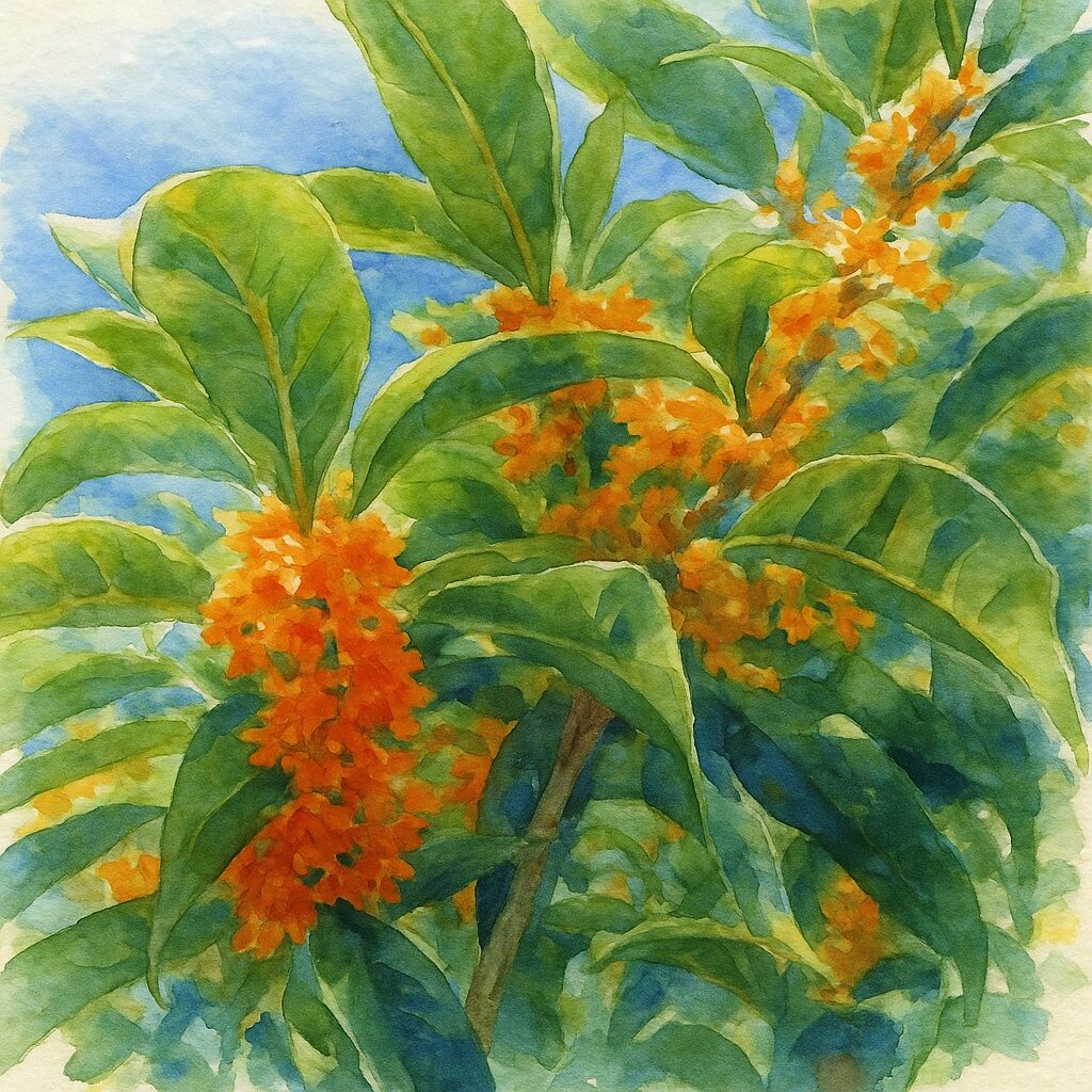 日本の秋のキンモクセイの花房を青空背景で葉と枝ごと描いた水彩画風のイラスト