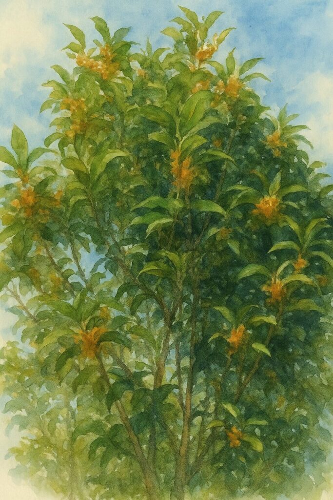 日本の秋の青空の下で満開のキンモクセイの木全体を描いた水彩画風イラスト