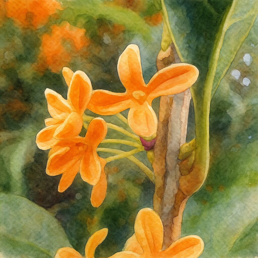 日本の秋のキンモクセイで幹の節元から橙色の花が開花している様子を描いた水彩画風イラスト