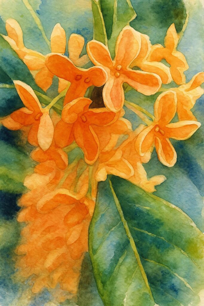 日本の秋のキンモクセイで橙色の花が密集して咲き揃った花房を描いた水彩画風のイラスト