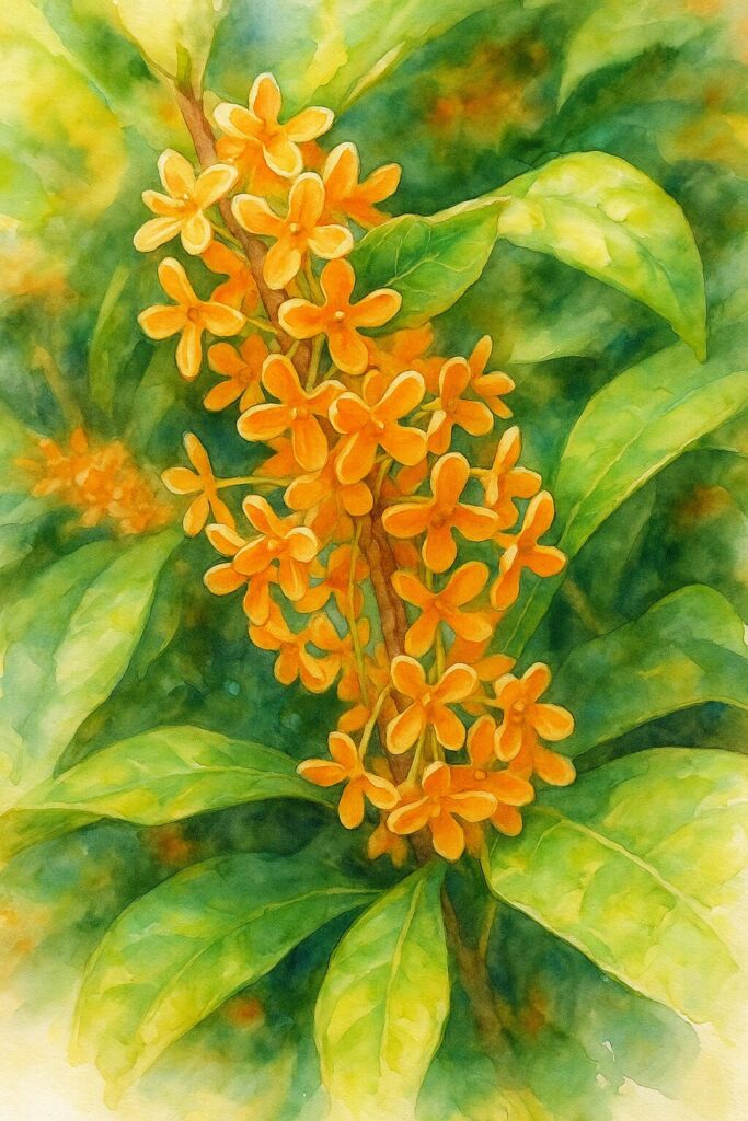 日本の秋に咲くキンモクセイをやわらかなタッチで描いた水彩画風イラスト