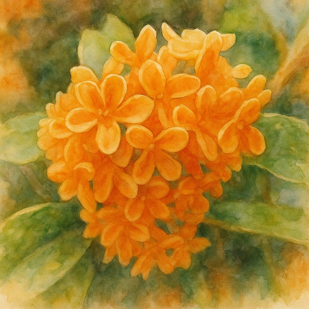 日本の秋に咲くキンモクセイの花房を柔らかいタッチで描いた水彩画風イラスト