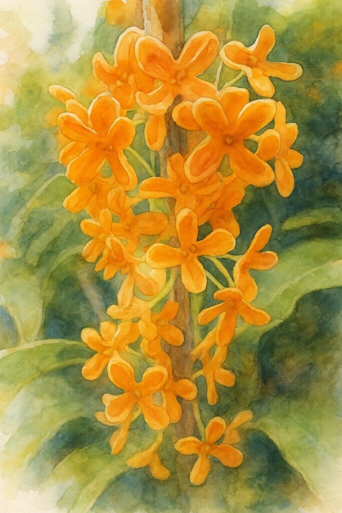 日本の秋に咲くキンモクセイの橙色の花房を縦構図で描いた水彩画風イラスト