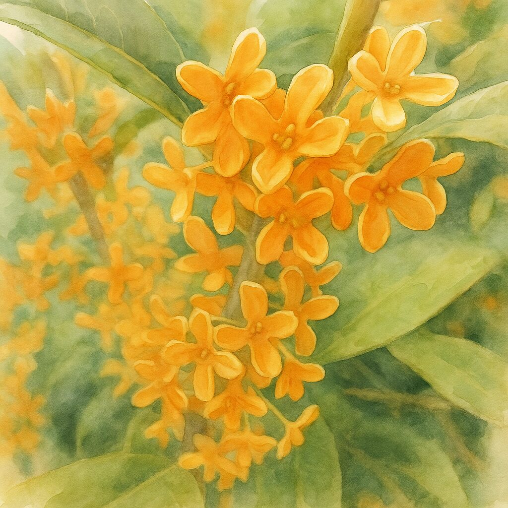 日本の秋に咲くキンモクセイの橙色の花房を柔らかいタッチで描いた水彩画風イラスト