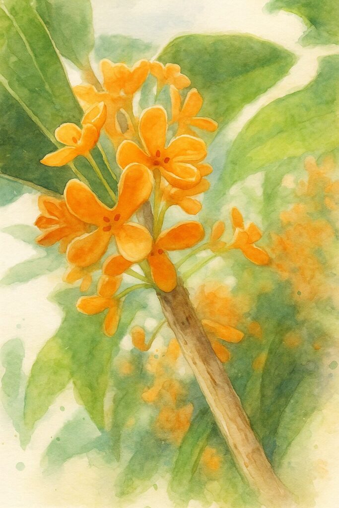 日本の秋に咲くキンモクセイの橙色の花を明るい背景で描いた水彩画風イラスト