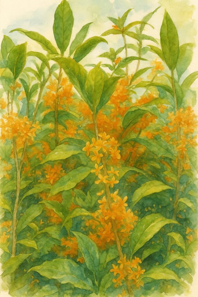 日本の秋に咲くキンモクセイの群生を柔らかい色彩で描いた水彩画風イラスト