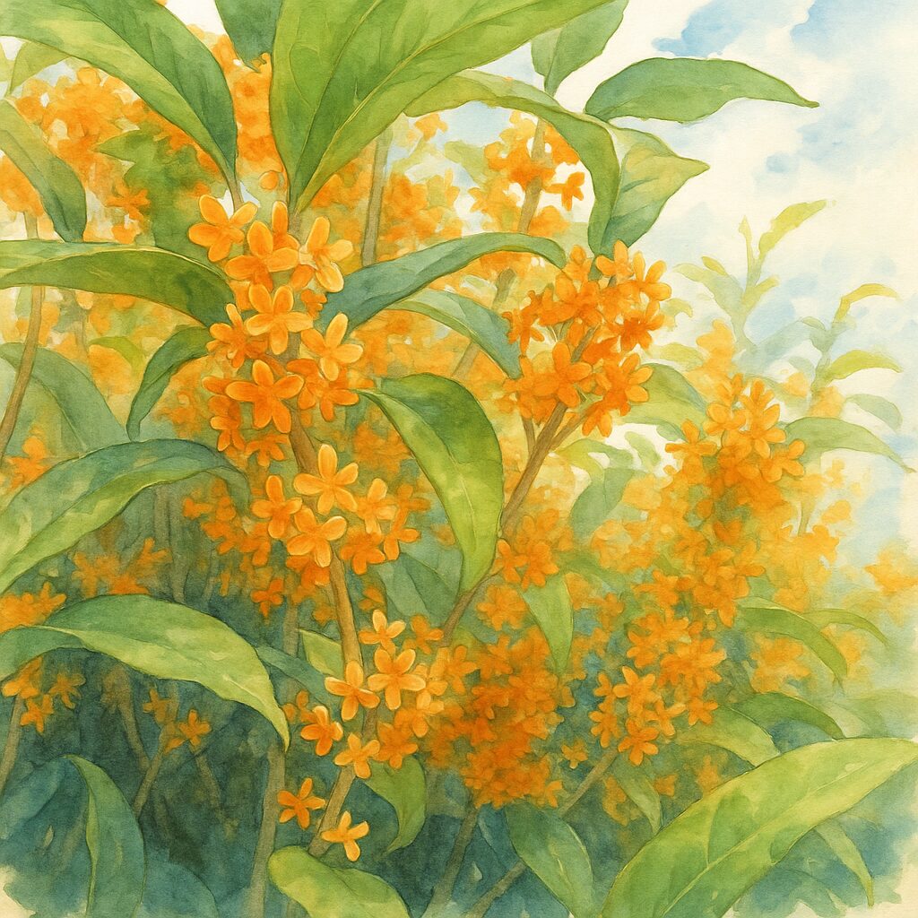 日本の秋に咲くキンモクセイの群生を青空背景で柔らかいタッチに描いた水彩画風イラスト