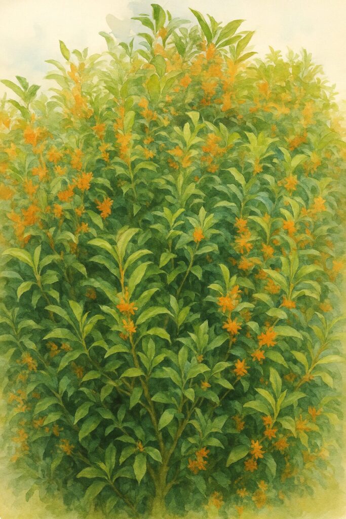 日本の秋に咲くキンモクセイの茂みを柔らかい色彩で描いた水彩画風イラスト