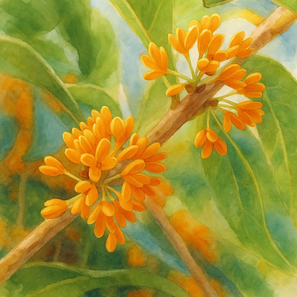 日本の秋に咲くキンモクセイのつぼみ状の花房を柔らかい色彩で描いた水彩画風イラスト