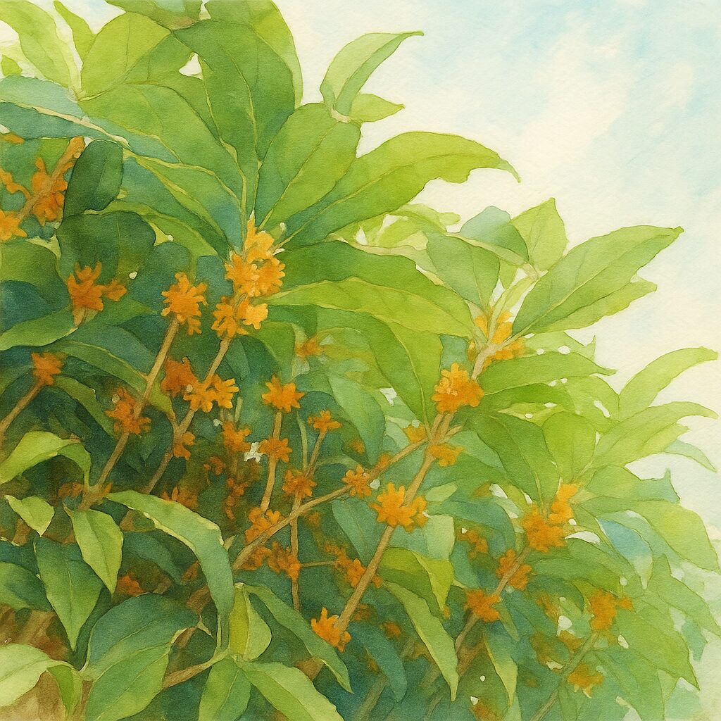 日本の秋に咲くキンモクセイを青空背景で柔らかく描いた水彩画風イラスト