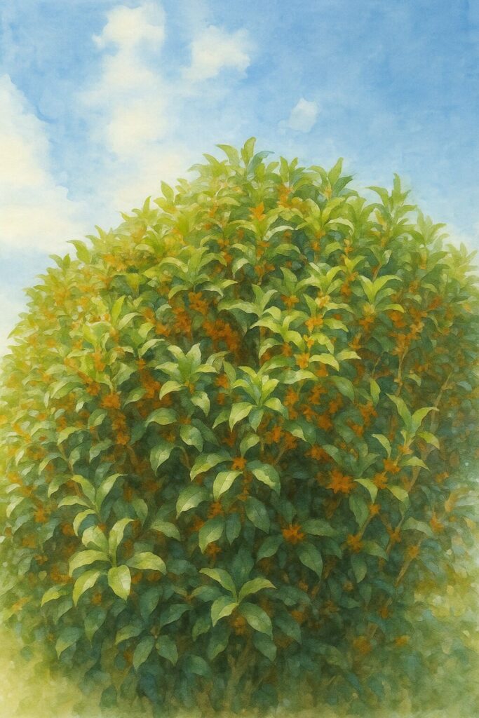 日本の秋に咲くキンモクセイの丸く茂った樹形を青空背景で描いた水彩画風イラスト