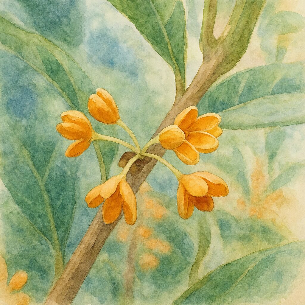 日本の秋に咲くキンモクセイのつぼみを柔らかな筆致で描いた水彩画風イラスト
