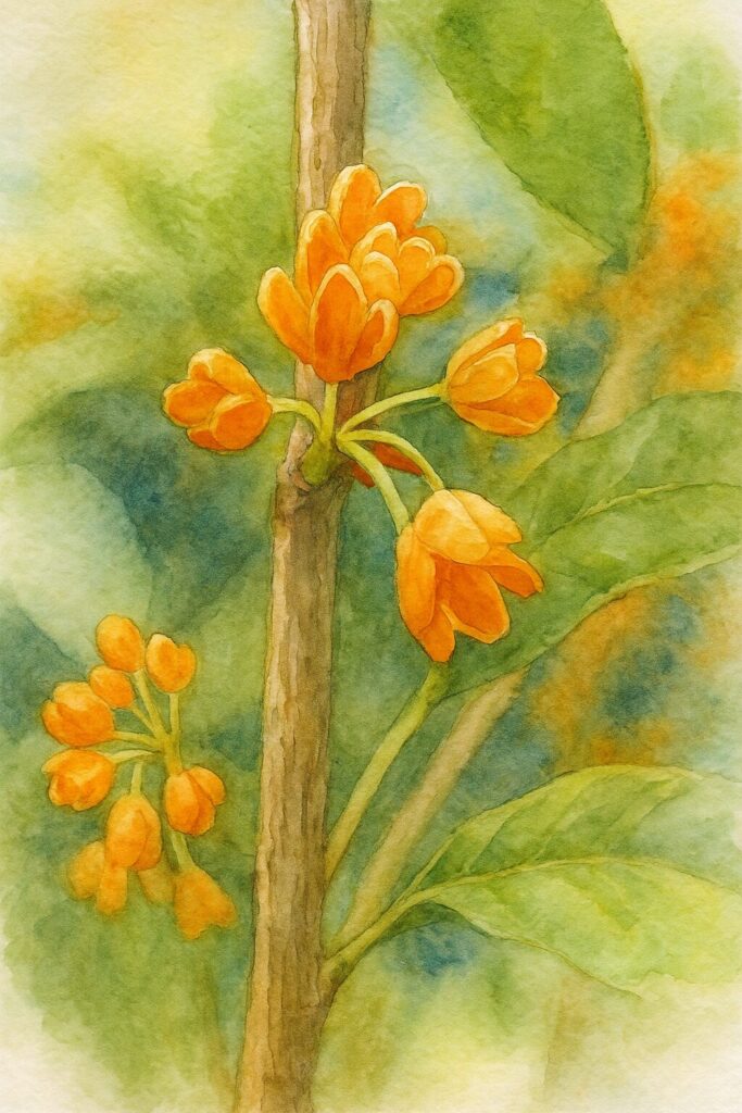 日本の秋に咲くキンモクセイのつぼみを枝元で描いた水彩画風の植物イラスト