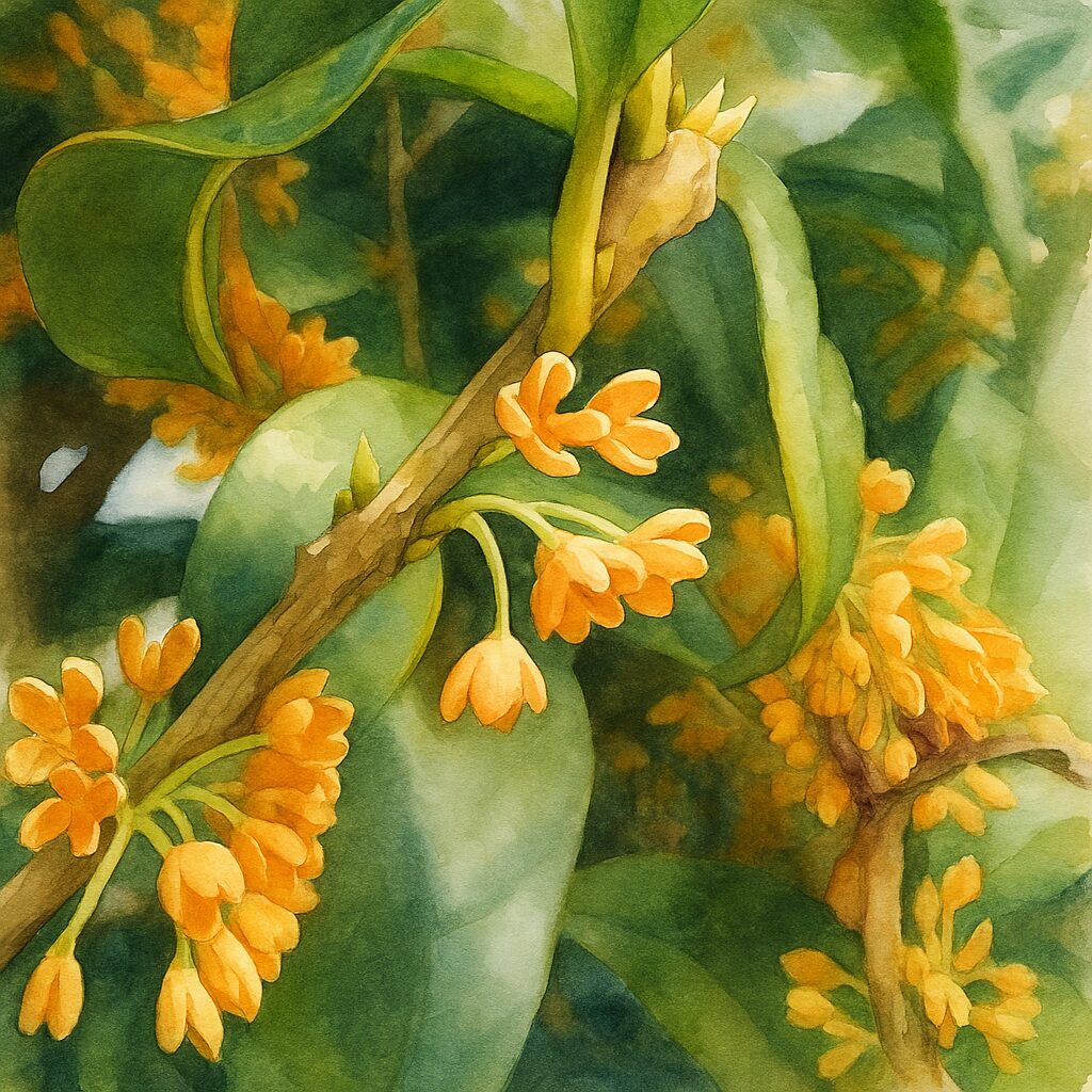 日本の秋に咲くキンモクセイのつぼみを枝の質感とともに描いた水彩画風植物イラスト