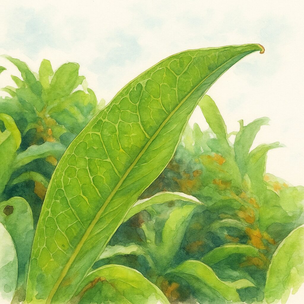 日本の秋に咲くキンモクセイの大きな緑の葉を逆光で柔らかく描いた水彩画風イラスト