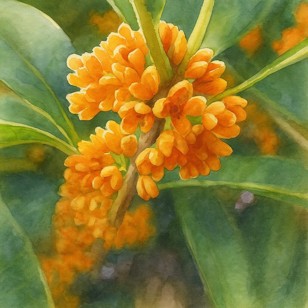 日本の秋に咲くキンモクセイの橙色の花房を柔らかい色彩で描いた水彩画風イラスト