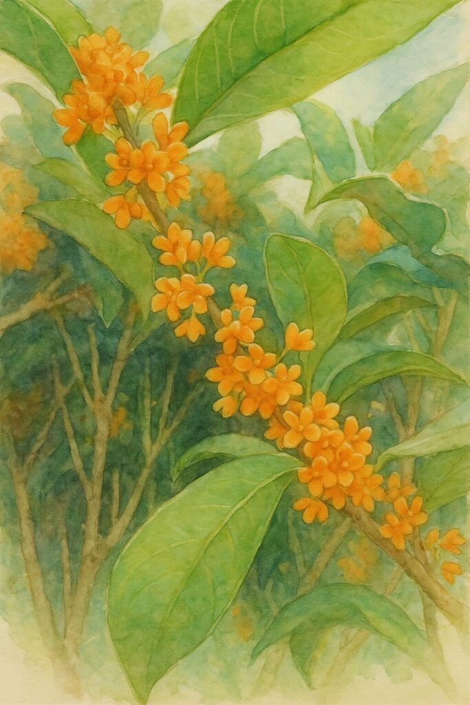 日本の秋に咲くキンモクセイの花房を緑の葉とともに描いた水彩画風イラスト