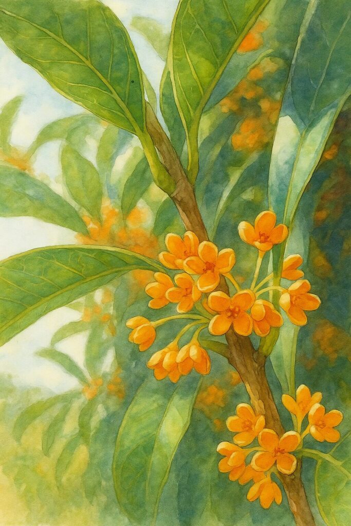 日本の秋に咲くキンモクセイの橙色の花房を葉と枝の質感とともに描いた水彩画風イラスト