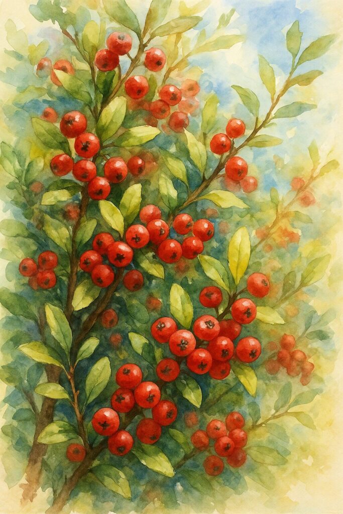 日本の秋、ピラカンサの赤い実と緑の葉をプロレベルの水彩画風で描いたイラスト