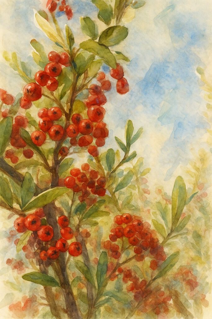 日本の秋、ピラカンサの赤い実と緑の葉を青空背景で描いたプロレベルの水彩画風イラスト
