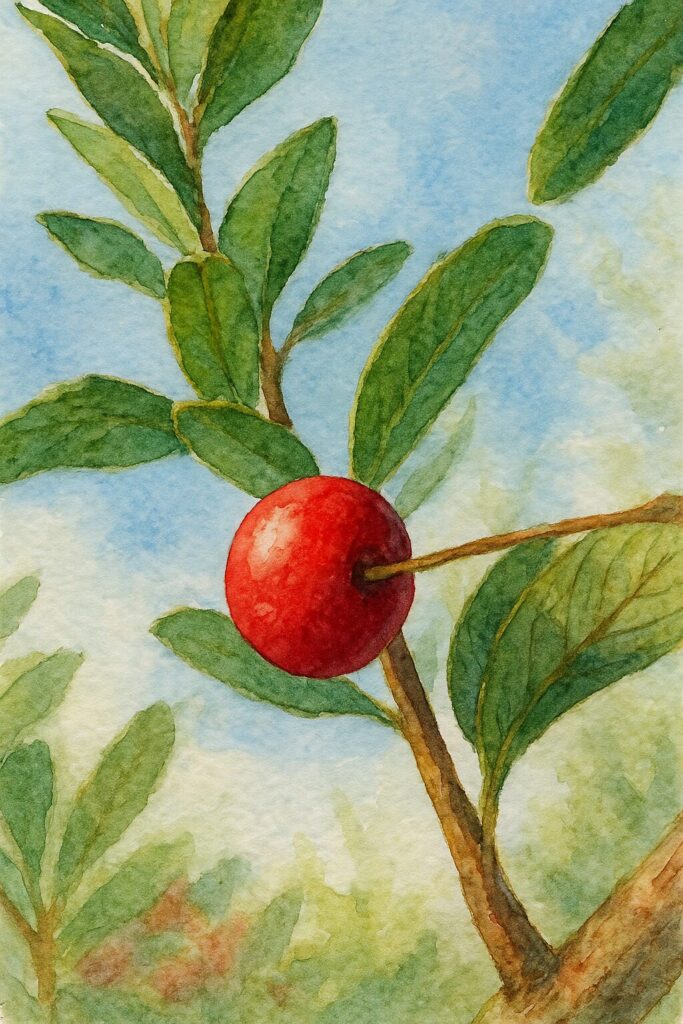 日本の秋、ピラカンサの赤い実を一粒だけ青空背景で描いたプロレベルの水彩画風イラスト