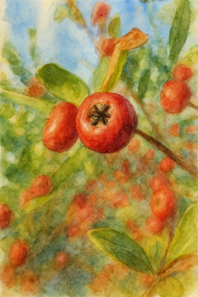 日本の秋、ピラカンサの赤い実を極端な近距離で描いた水彩画風イラスト。青空と背景の柔らかなボケ表現あり