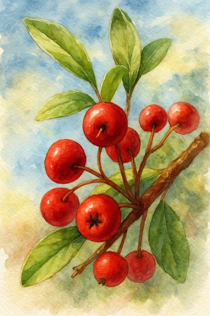 日本の秋、ピラカンサの赤い実が房状に連なっている様子を描いた水彩画風のイラスト。背景は柔らかいボケ表現