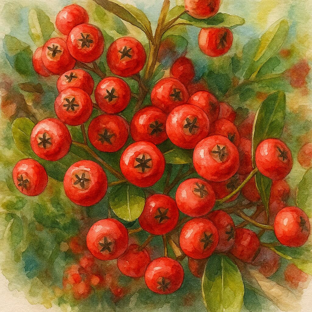日本の秋、ピラカンサの赤い実が密に密集している様子を描いたプロレベルの水彩画風イラスト