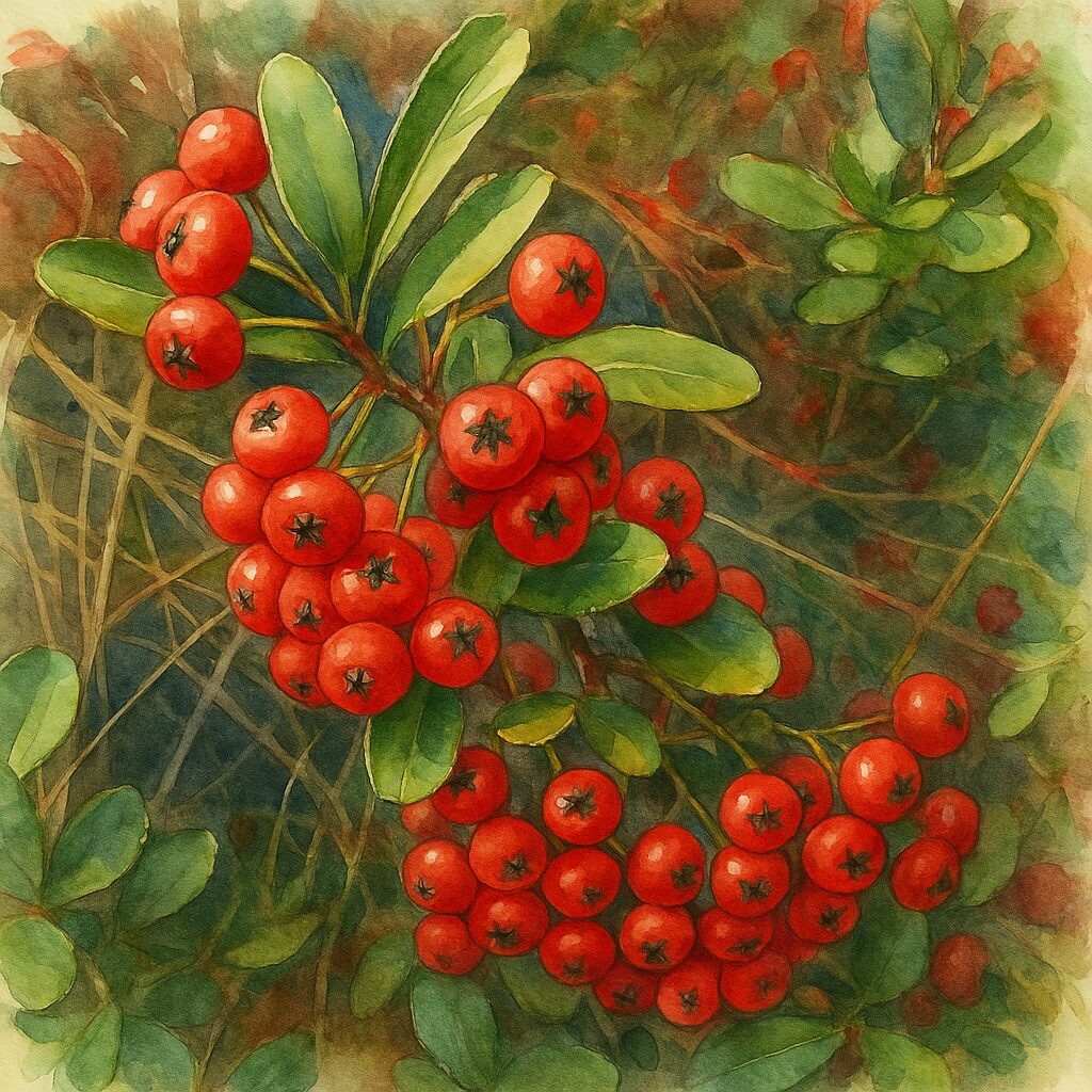 日本の秋、ピラカンサの赤い実が房状に密に実っている様子を描いた水彩画風イラスト。背景に枯れ草のニュアンスも入る構図