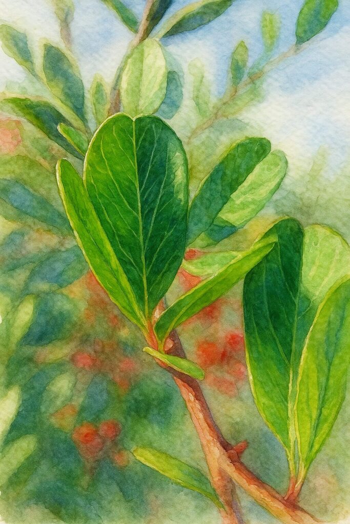 日本の秋、ピラカンサの艶やかな緑の葉をクローズアップで描いた水彩画風イラスト。背景に赤い実のぼかし表現が入る