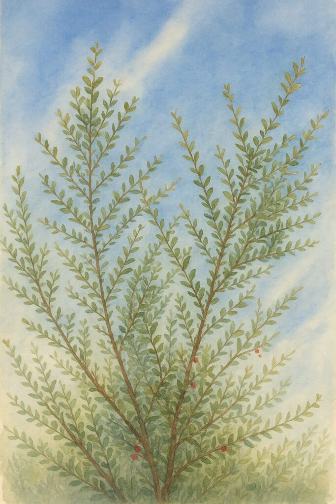 日本の秋、青空を背景にピラカンサの枝が上方向に伸びている全体の姿を描いた水彩画風イラスト