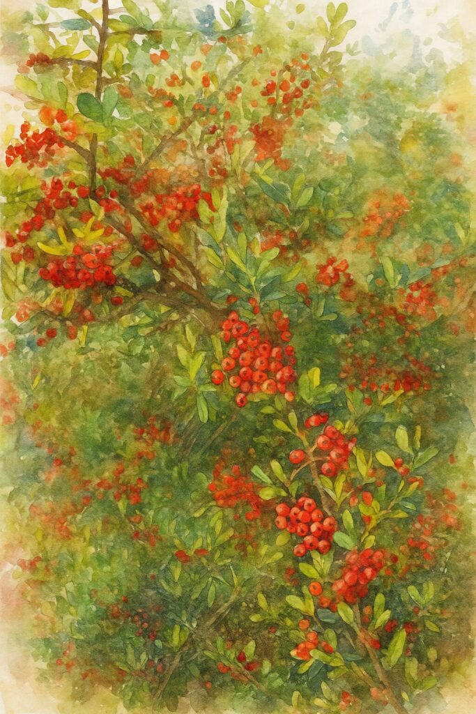日本の秋、ピラカンサの赤い実が大量に実って茂っている様子を描いた水彩画風イラスト。枝全体にぎっしり実がつく構図