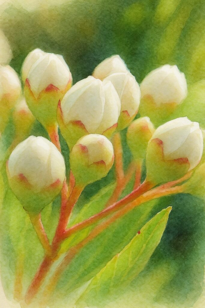 日本の秋、ピラカンサの白い蕾を極端な近距離で描いた水彩画風イラスト。淡い緑と赤みのある花柄の色合いも表現