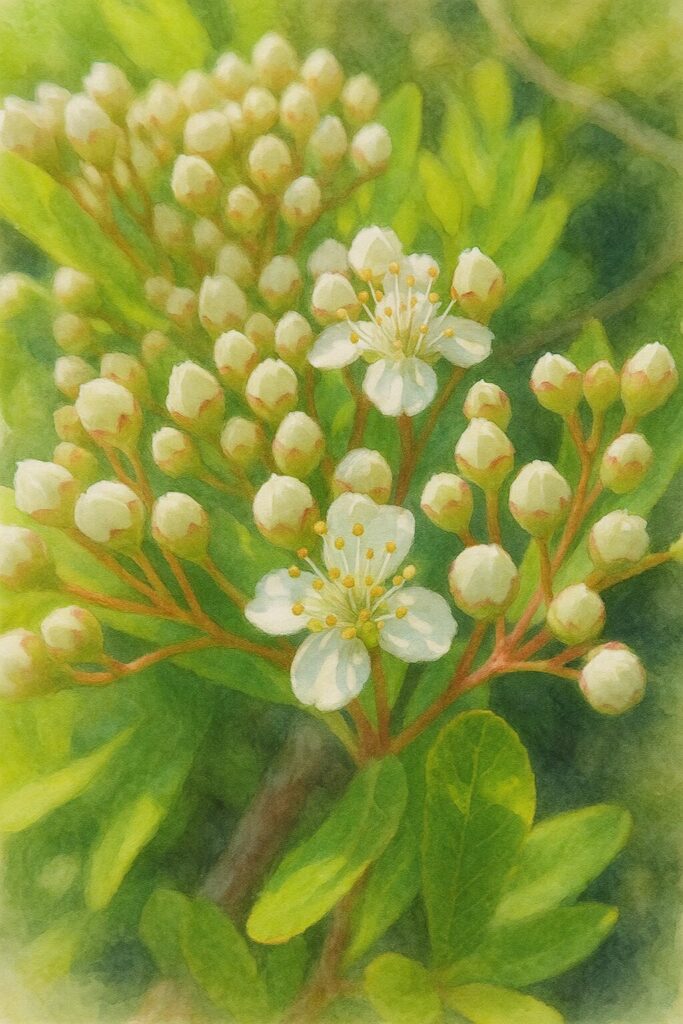 日本の春、ピラカンサの白い蕾が密に並び、数輪が開花している様子を描いた水彩画風イラスト